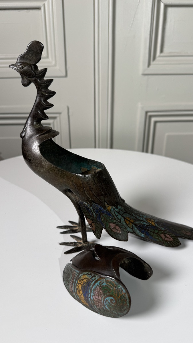 Brûle-parfum japonais en forme de grue, bronze et cloisonné, époque Meiji-photo-5