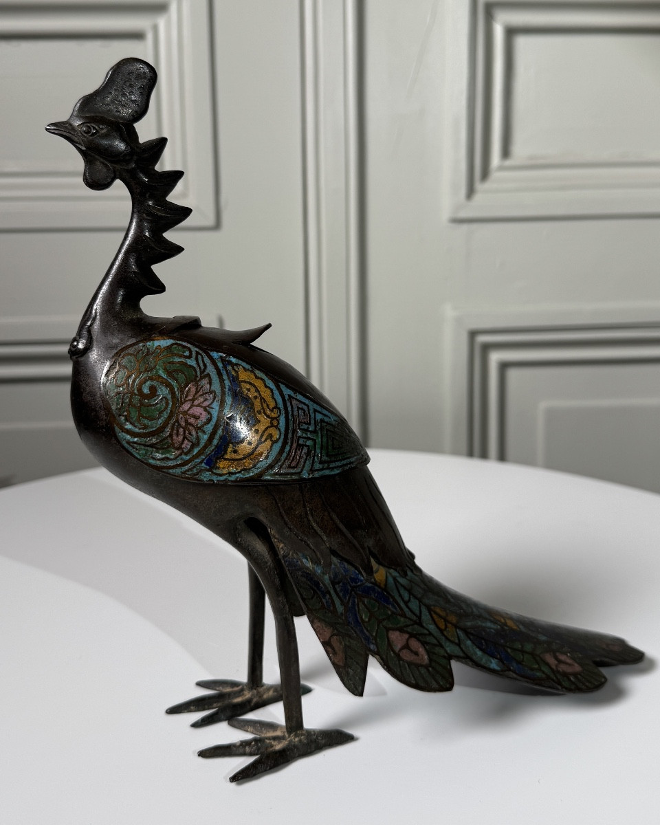 Brûle-parfum japonais en forme de grue, bronze et cloisonné, époque Meiji
