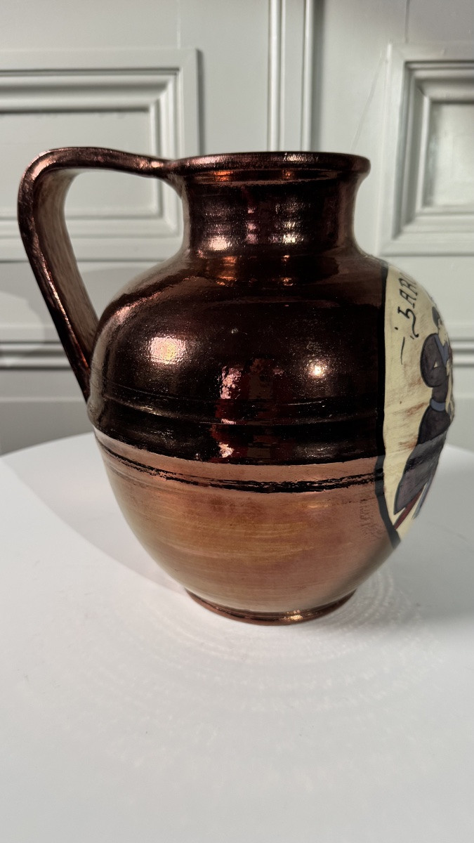 Cruche en faïence émaillé – Poterie de Bavent – Décor Tapisserie de Bayeux-photo-1