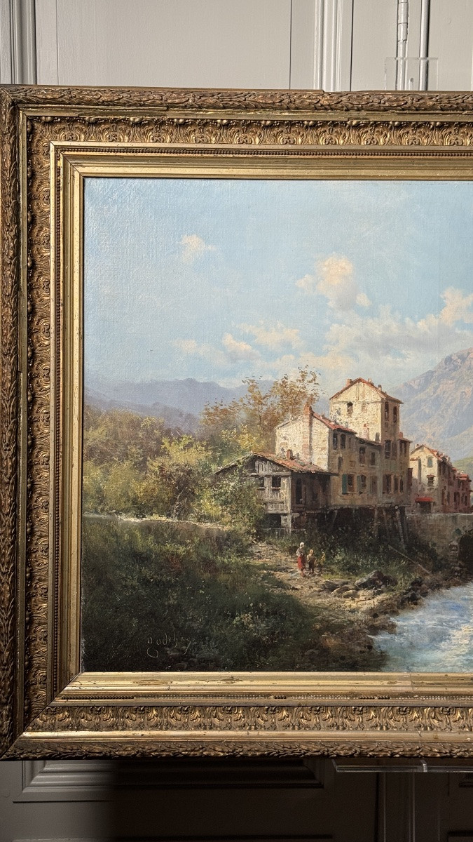émile Godchaux (1860-1938) - Alpine Hamlet By A River - Oil On Canvas-photo-1