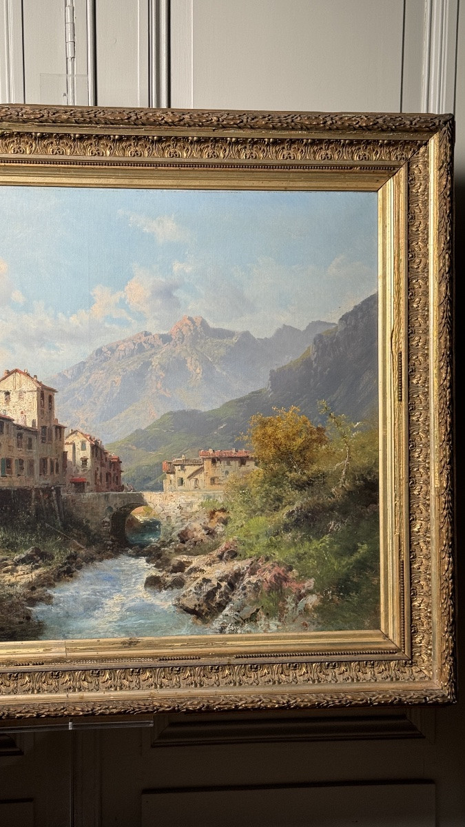 émile Godchaux (1860-1938) - Alpine Hamlet By A River - Oil On Canvas-photo-2