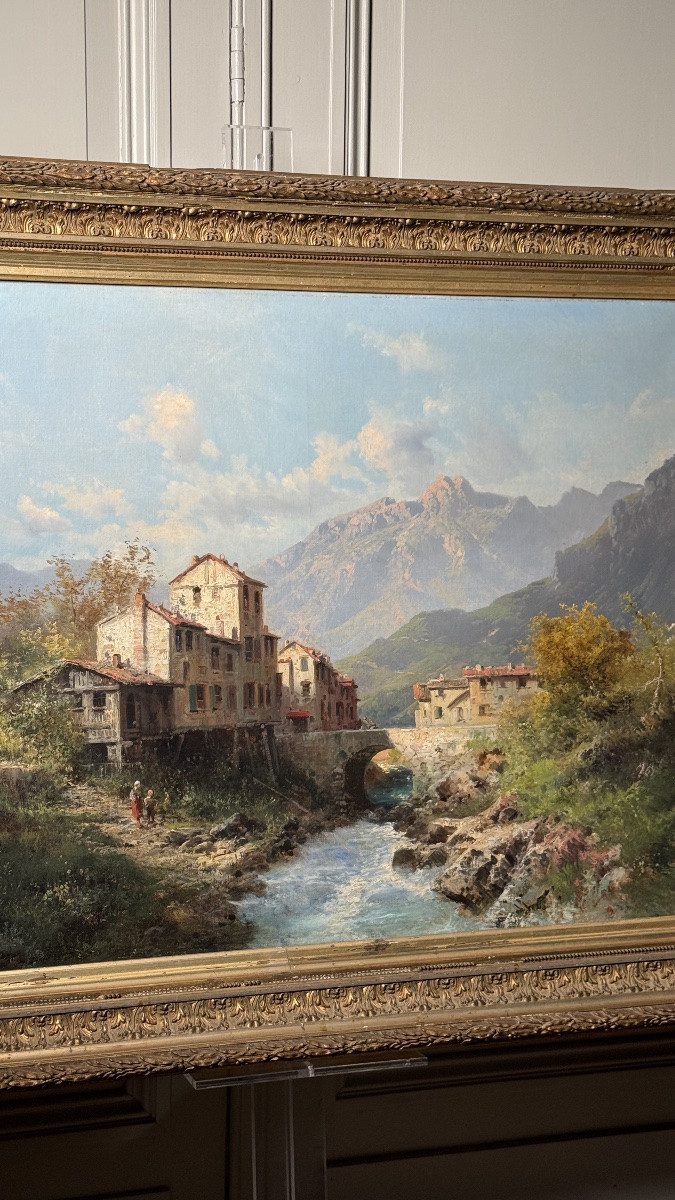 émile Godchaux (1860-1938) - Alpine Hamlet By A River - Oil On Canvas-photo-3