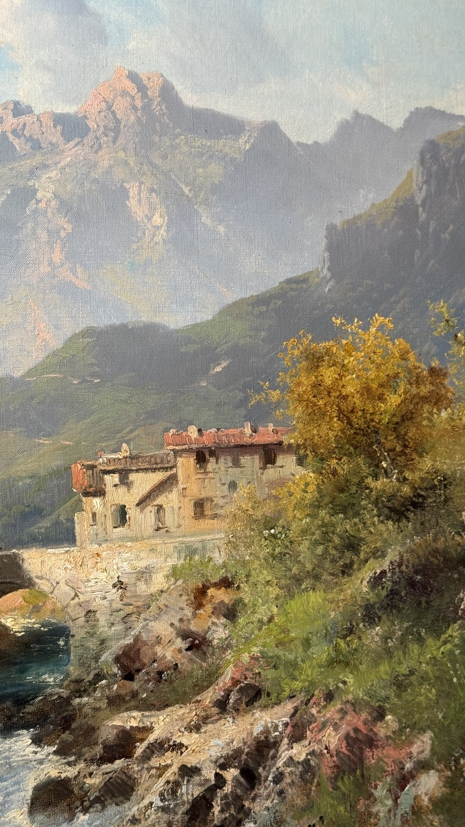 émile Godchaux (1860-1938) - Alpine Hamlet By A River - Oil On Canvas-photo-4
