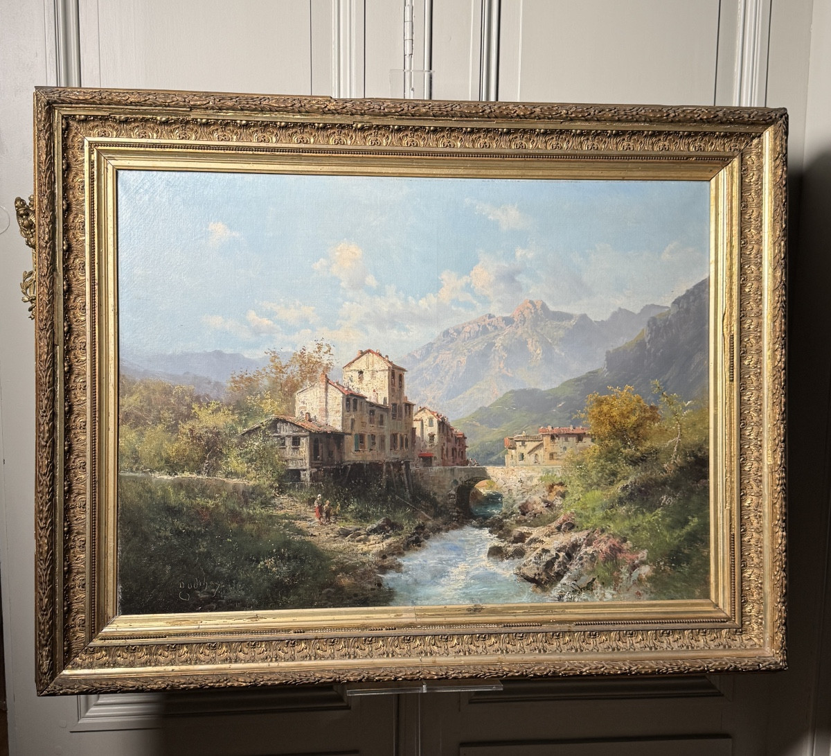émile Godchaux (1860-1938) - Alpine Hamlet By A River - Oil On Canvas