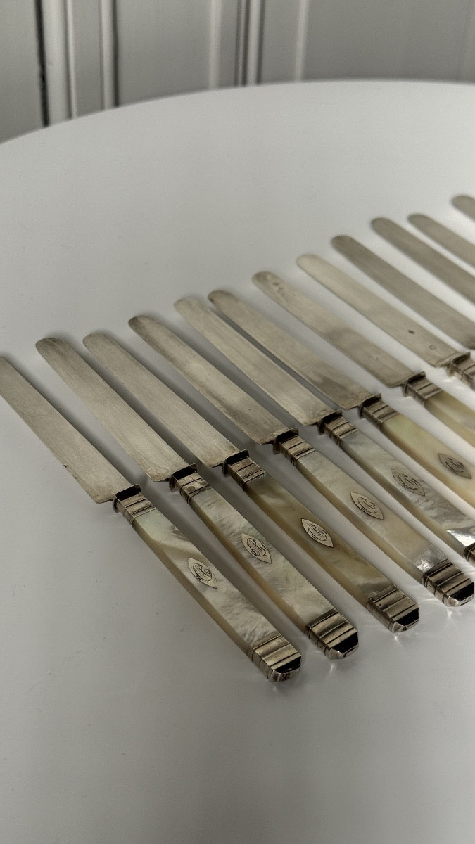 Set Of 36 19th Century Knives, Mother-of-pearl Handles And Silver Blades-photo-3