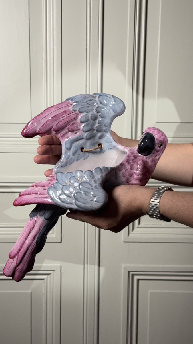 émile Gallé (1846–1904)  Parrot Wall Pocket Vase In Polychrome Enameled Faience-photo-4