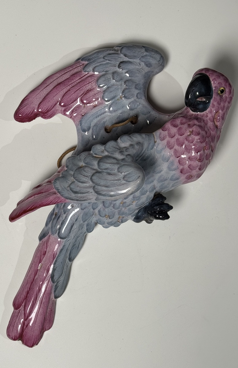 émile Gallé (1846–1904)  Parrot Wall Pocket Vase In Polychrome Enameled Faience