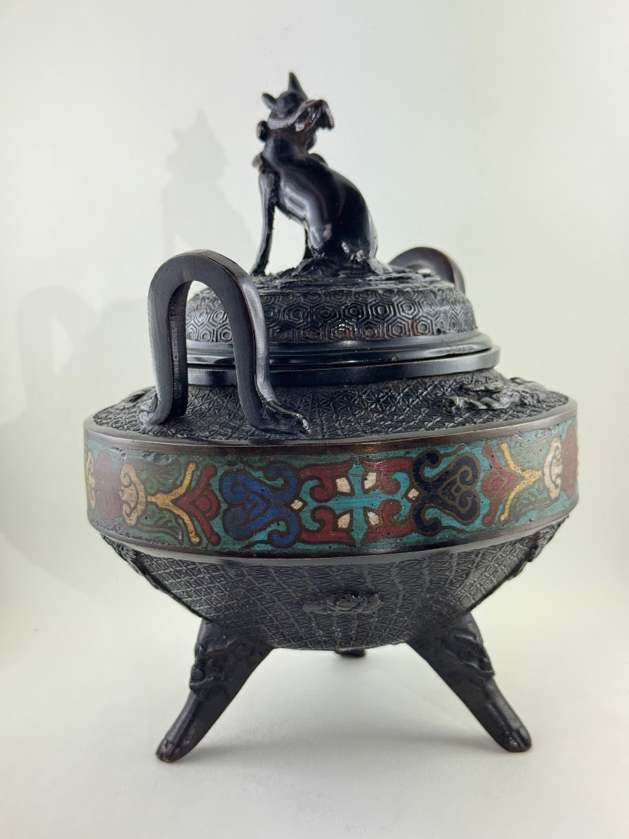 Brûle-parfum japonais en bronze patiné et cloisonné polychrome, Japon, époque Meiji, fin XIXe-photo-2