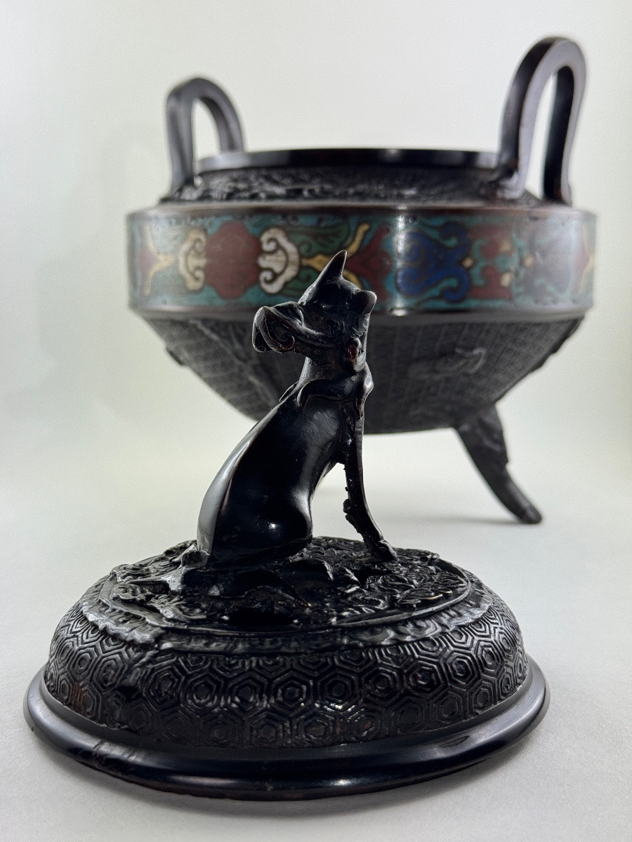 Brûle-parfum japonais en bronze patiné et cloisonné polychrome, Japon, époque Meiji, fin XIXe-photo-5