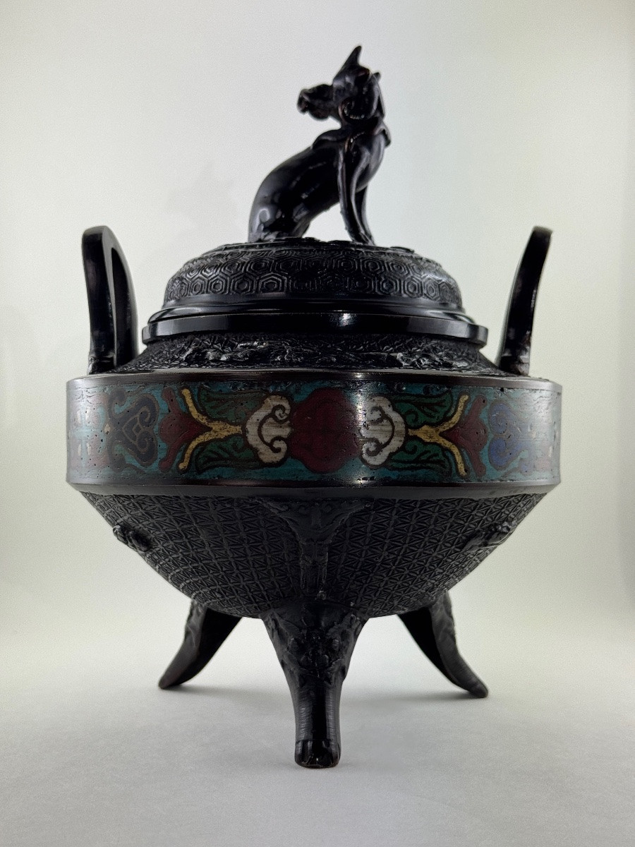Brûle-parfum japonais en bronze patiné et cloisonné polychrome, Japon, époque Meiji, fin XIXe-photo-7