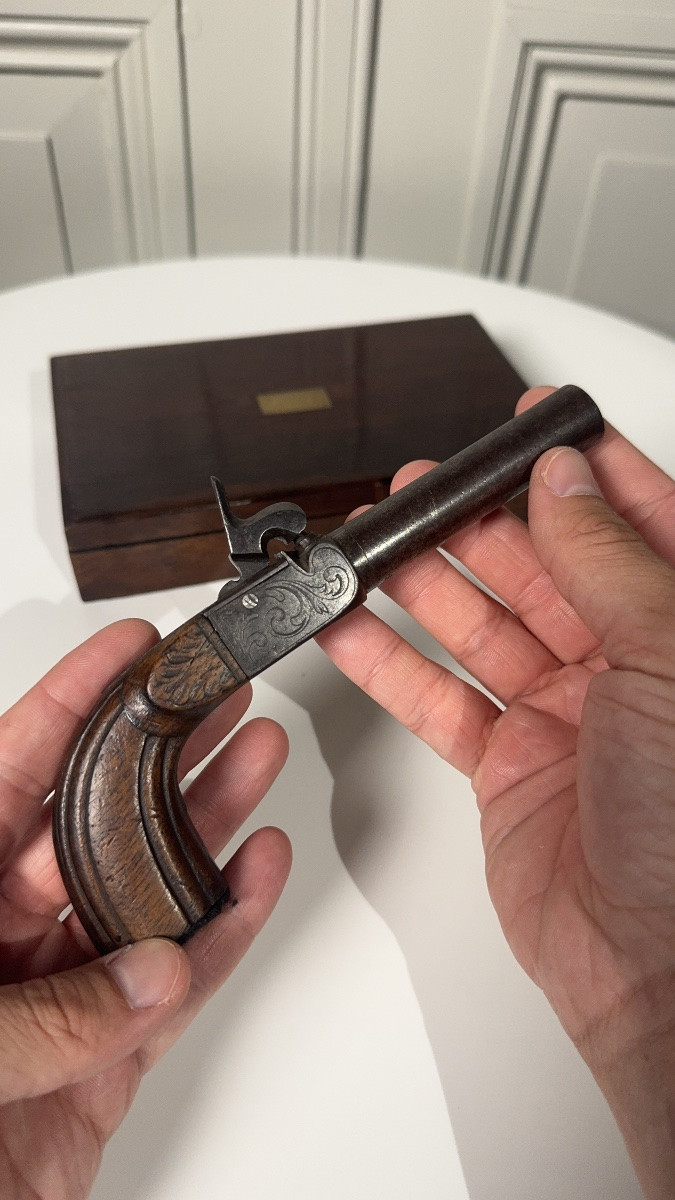 Small Travel Pistol, Also Known As A Coach Pistol, In Its Original Case – 19th Century-photo-2