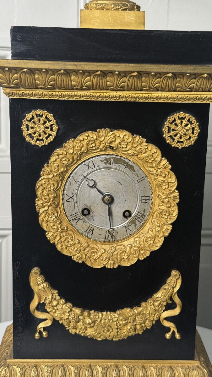 Neo-classical Portico / Mantel Clock In Ebonized Wood And Gilt Bronze-photo-2