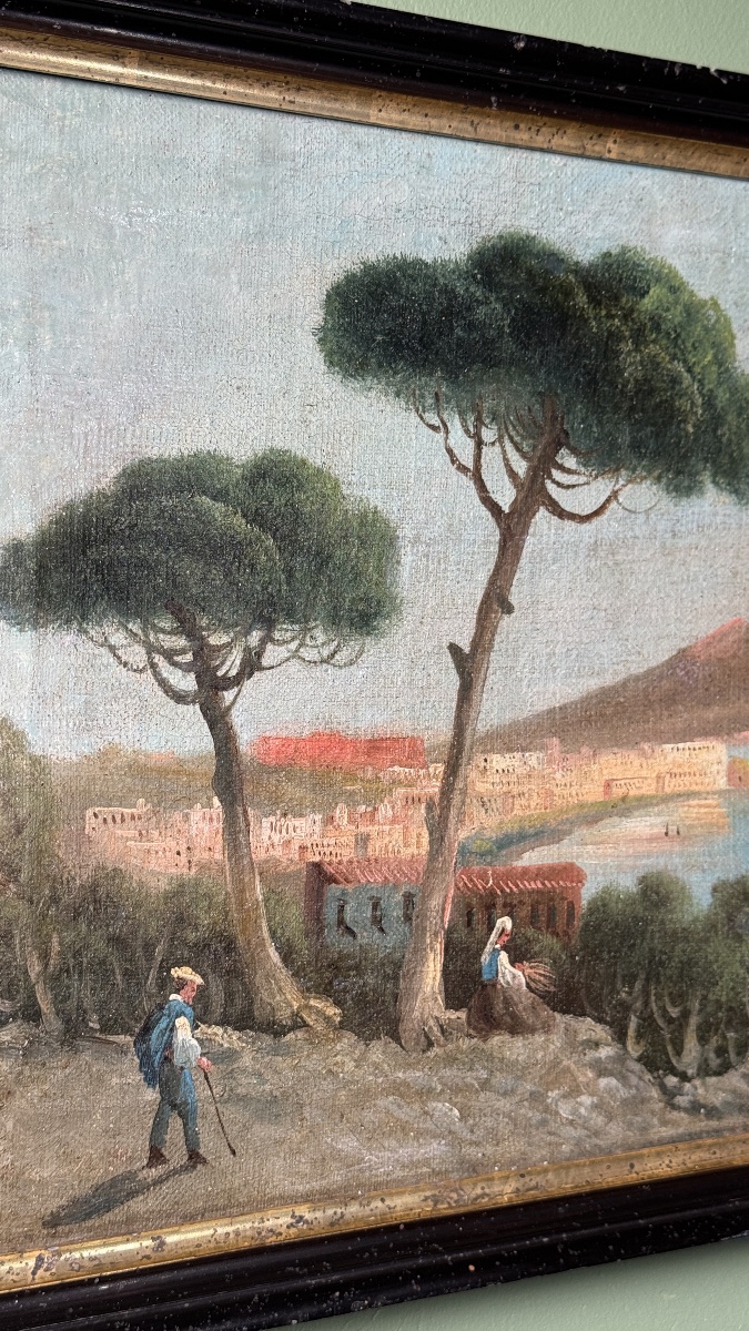Vue de Naples et du Vésuve fumant Huile sur toile du XVIIIe siècle-photo-2