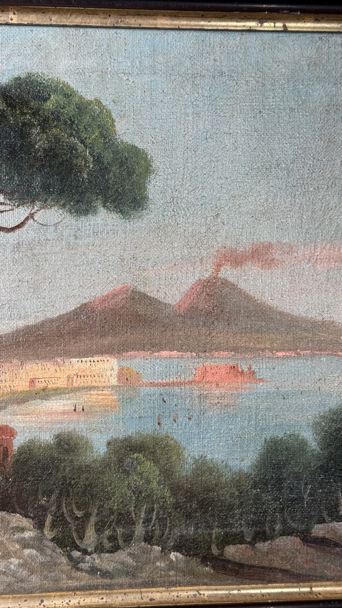 Vue de Naples et du Vésuve fumant Huile sur toile du XVIIIe siècle-photo-3