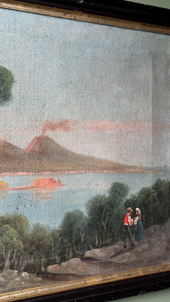 Vue de Naples et du Vésuve fumant Huile sur toile du XVIIIe siècle-photo-4