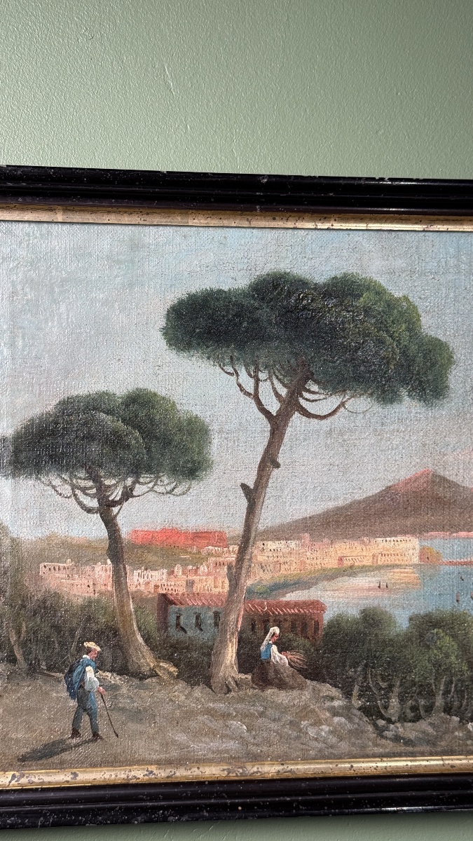 Vue de Naples et du Vésuve fumant Huile sur toile du XVIIIe siècle-photo-2