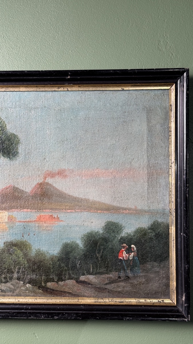 Vue de Naples et du Vésuve fumant Huile sur toile du XVIIIe siècle-photo-3