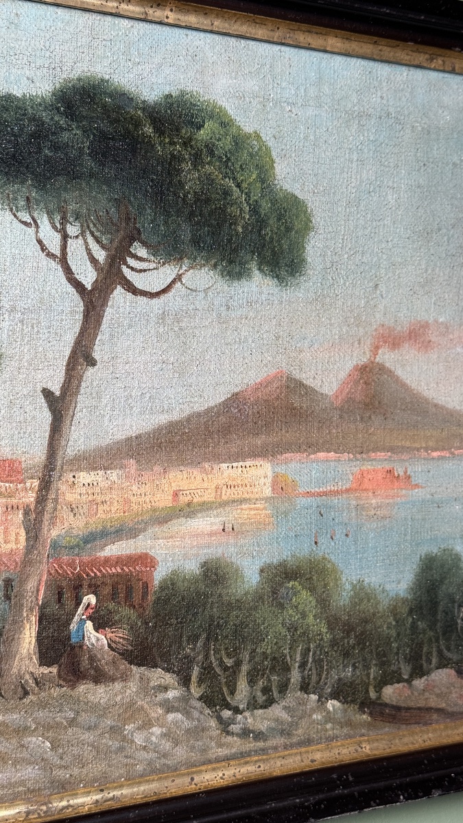 Vue de Naples et du Vésuve fumant Huile sur toile du XVIIIe siècle-photo-4