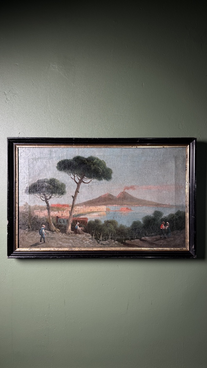 Vue de Naples et du Vésuve fumant Huile sur toile du XVIIIe siècle