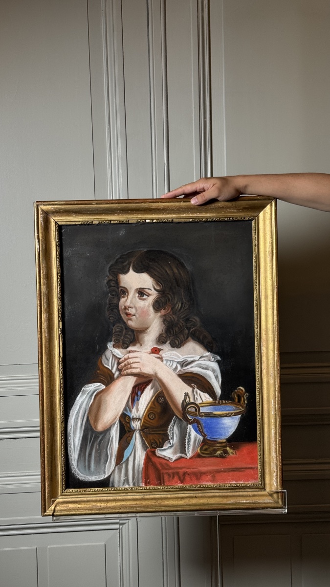 Portrait d'enfant à l'oiseau rouge  Pastel sous verre, vers 1800-photo-2