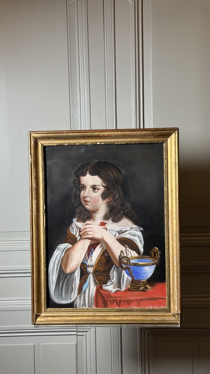 Portrait d'enfant à l'oiseau rouge  Pastel sous verre, vers 1800-photo-4