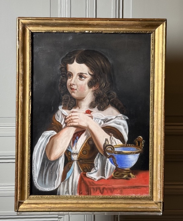 Portrait d'enfant à l'oiseau rouge  Pastel sous verre, vers 1800
