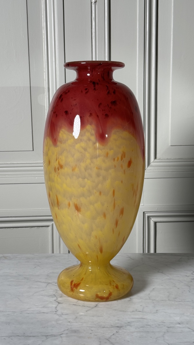 Ovoid Footed Vase In Marmorated Glass Charles Schneider, Circa 1925