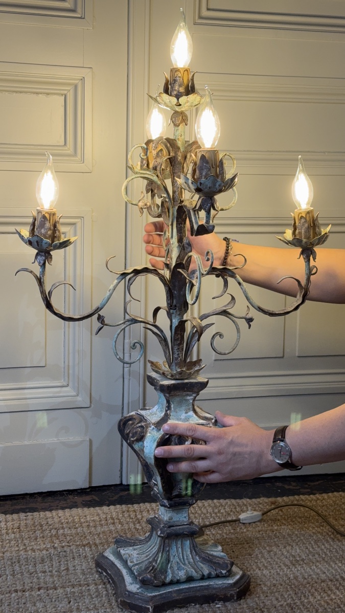 Paire de torchères à cinq lumières en bois polychrome et fer forgé – Italie, XXe siècle-photo-2