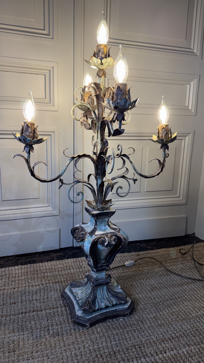 Paire de torchères à cinq lumières en bois polychrome et fer forgé – Italie, XXe siècle-photo-1