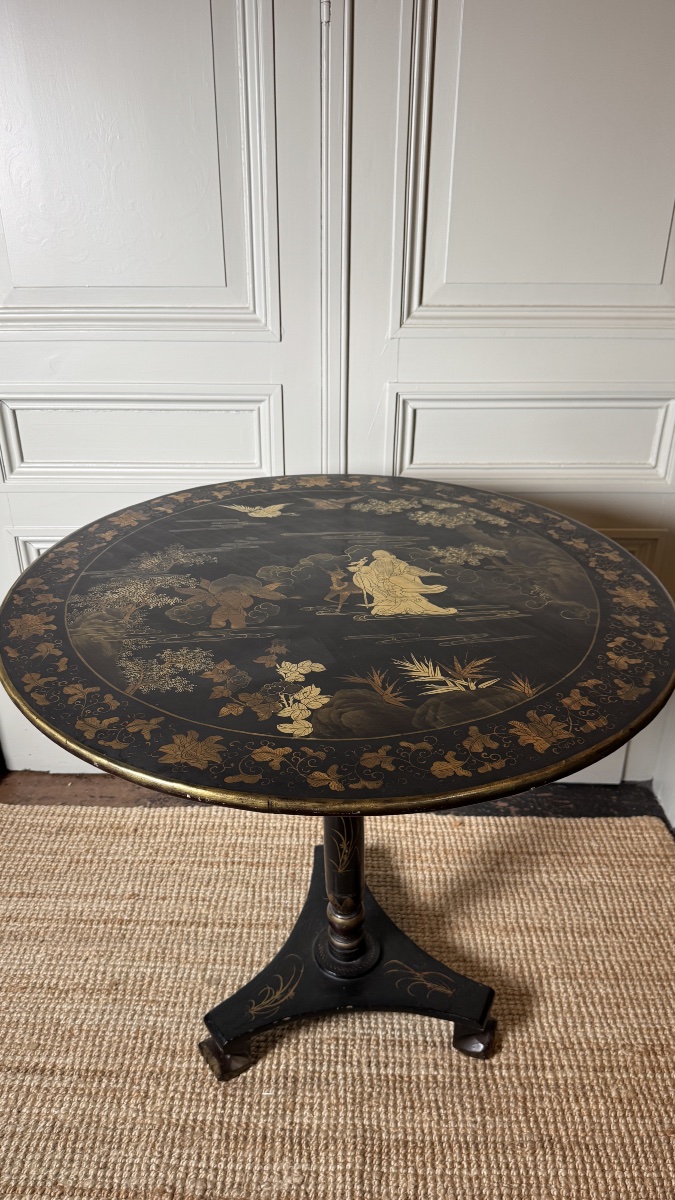 Table guéridon à plateau basculant japonisante, décor de Shoulao – Époque Napoléon III-photo-2