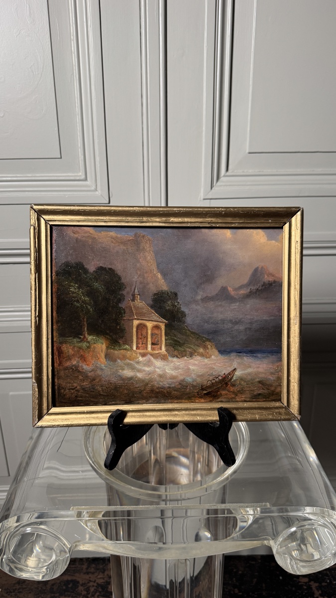 Tell Chapel On Lake Lucerne 19th Century School Oil On Panel-photo-1