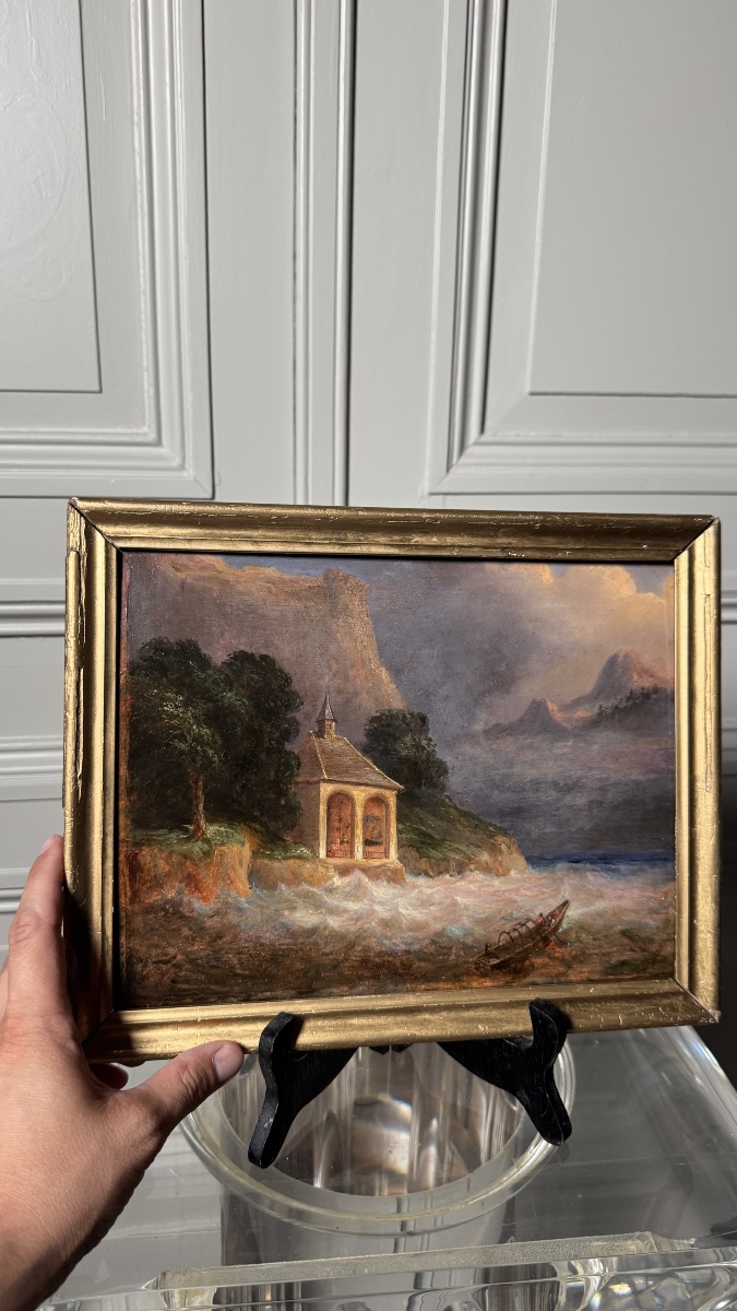 Tell Chapel On Lake Lucerne 19th Century School Oil On Panel-photo-3