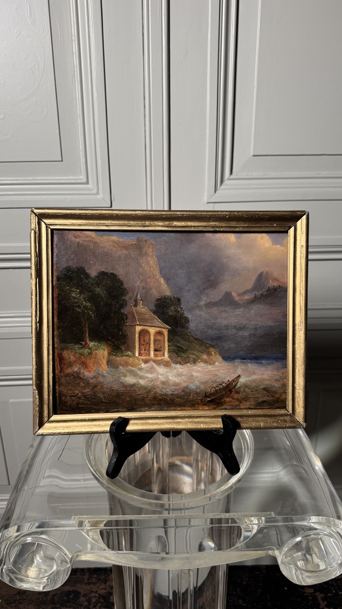 Tell Chapel On Lake Lucerne 19th Century School Oil On Panel
