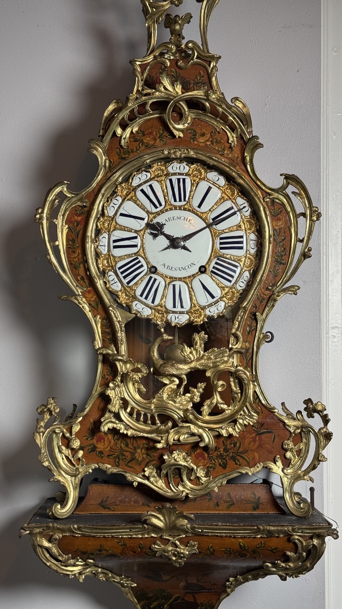 Louis XV Wall Cartel Clock In Vernis Martin And Gilt Bronze, 18th Century, Laresche à Besançon-photo-2