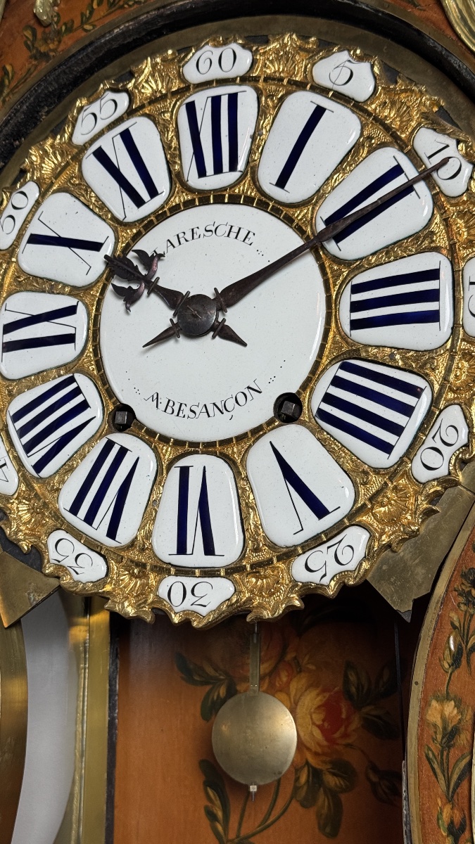 Louis XV Wall Cartel Clock In Vernis Martin And Gilt Bronze, 18th Century, Laresche à Besançon-photo-4