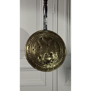 18th Century Repoussé Brass Bed Warmer With Heart Motifs, France