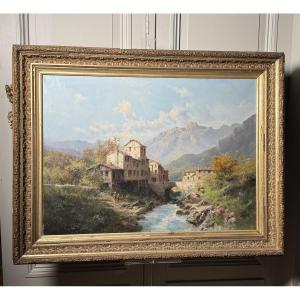émile Godchaux (1860-1938) - Alpine Hamlet By A River - Oil On Canvas