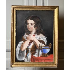 Portrait d'enfant à l'oiseau rouge Pastel sous verre, vers 1800