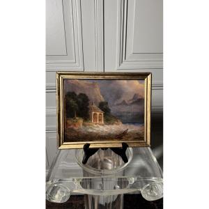Tell Chapel On Lake Lucerne 19th Century School Oil On Panel