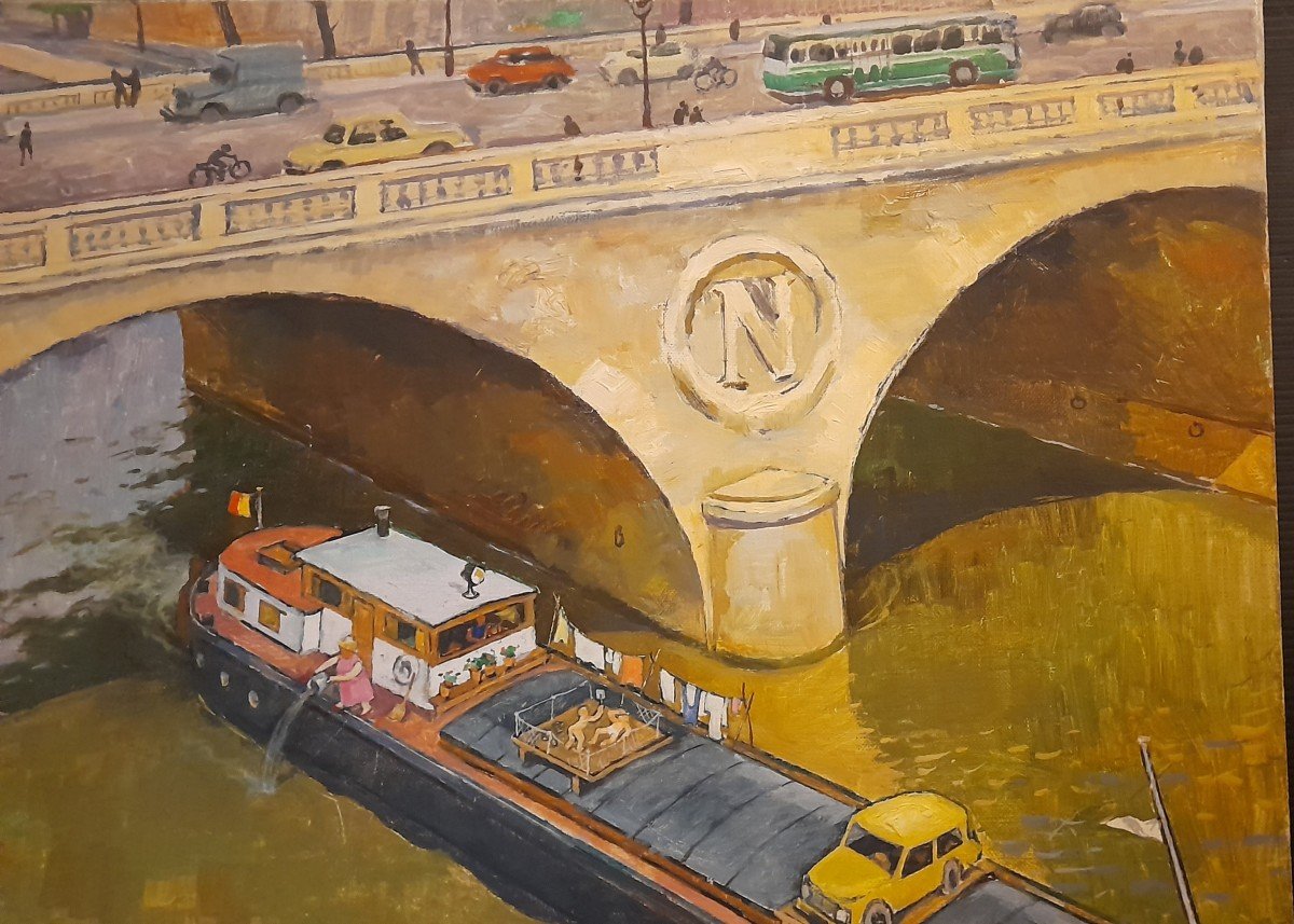 Maurice Delavier  La Seine Le Pont Napoléon à  Paris Une Péniche  Animée 1902-1986 -photo-4