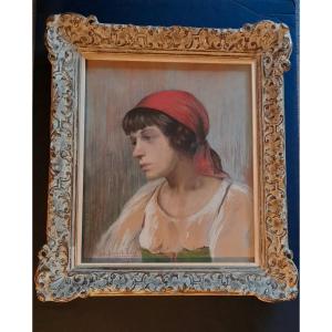 Mad. Ruprich- Robert 1918 Jeune Femme Au Foulard Rouge pastel