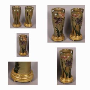 Choisy Le Roi Pair Of Sandstone Vases Mounted On Bronze Signed A. Vincent