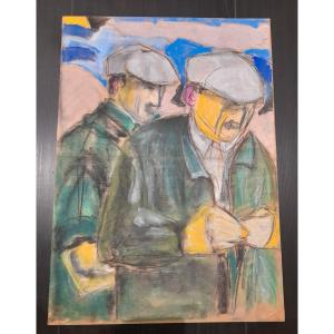 Claude Aliotti  1925-1989 pastel  fusain crayon deux hommes au béret 