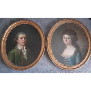 Pair Of Oval Canvases French School Circa 1780 Portrait Lady And Man In Bust