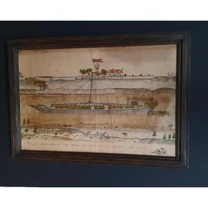 Rare  Coche d'Eau Dessin encre Et Aquarelle Par Vincent Coullon 1811 