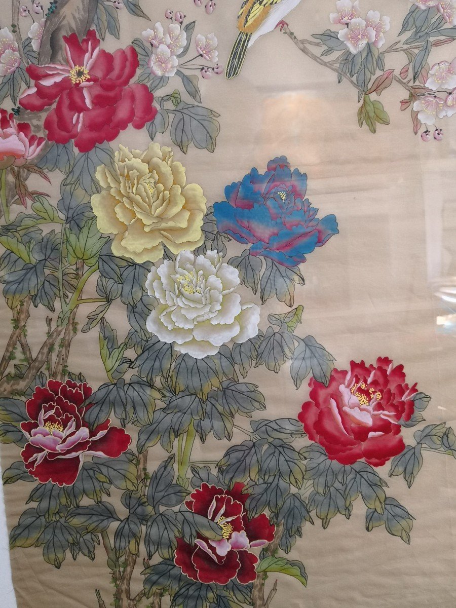 Chine - Suzhou - Peinture Sur Soie - Fleurs, Pivoines et Oiseaux-photo-2