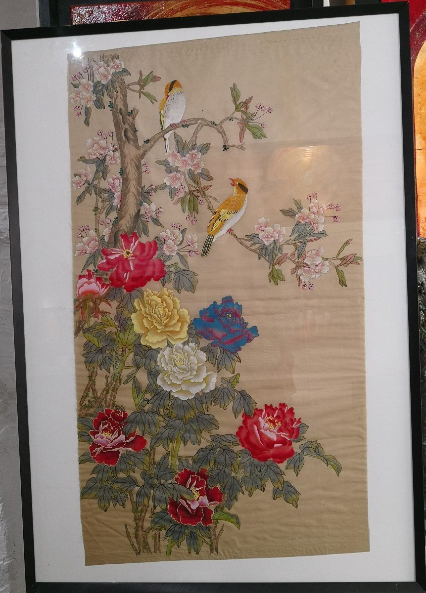 Chine - Suzhou - Peinture Sur Soie - Fleurs, Pivoines et Oiseaux