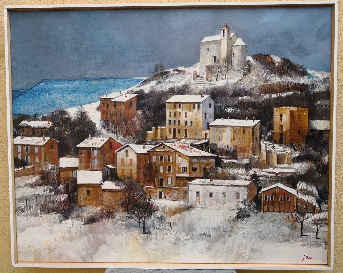 Jean Thomas (1923-2019) Oil On Canvas - "provence - Snows On Comps-sur-artuby"