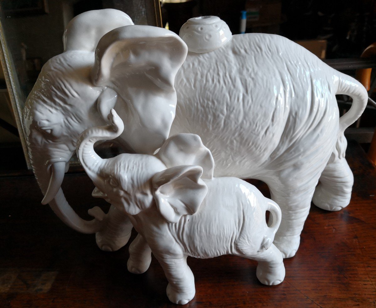 Elephant And His Cub - Group In Glazed Ceramic-photo-2