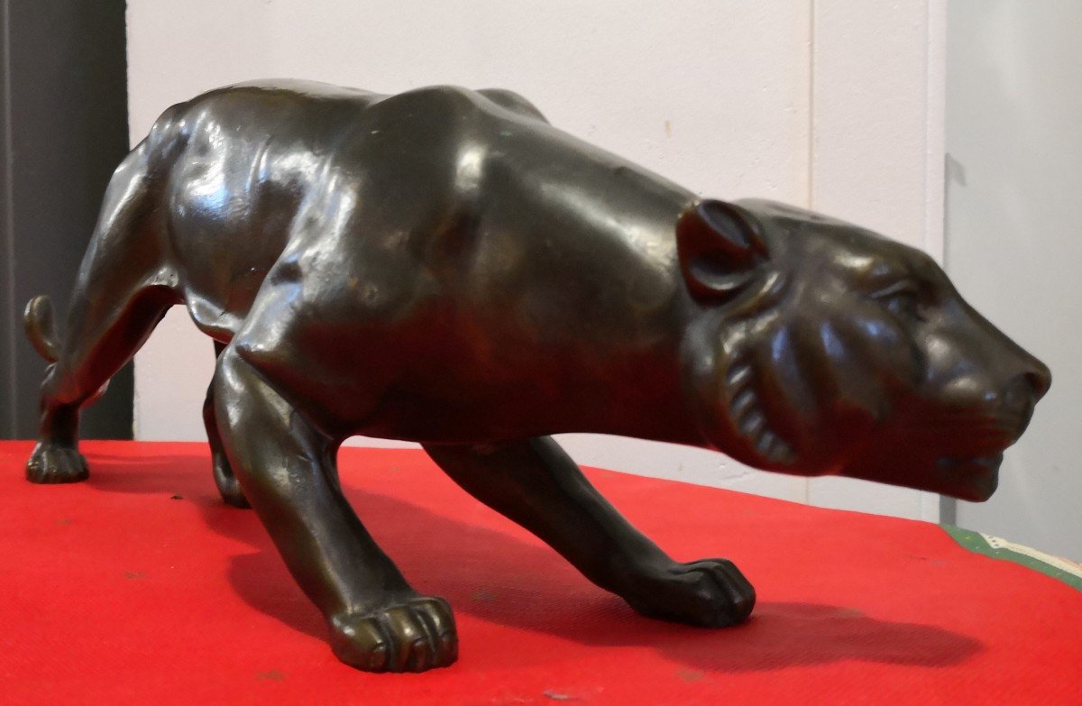 Sculpture En Bronze - Lionne à l'Affût - école Française  Vers 1930-photo-2